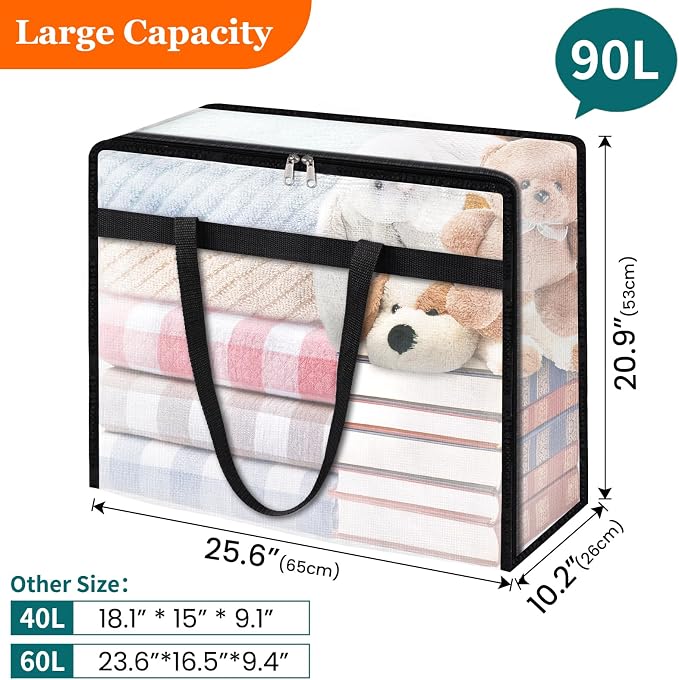 TasticTotes 4 Pack Clear Storage Bags for Comforter, Clothes & Bedding, 90L | Plastic Blanket Storage with Zipper & Handle, Foldable Moving Bags, Closet Organizer and Under-Bed Storage Containers