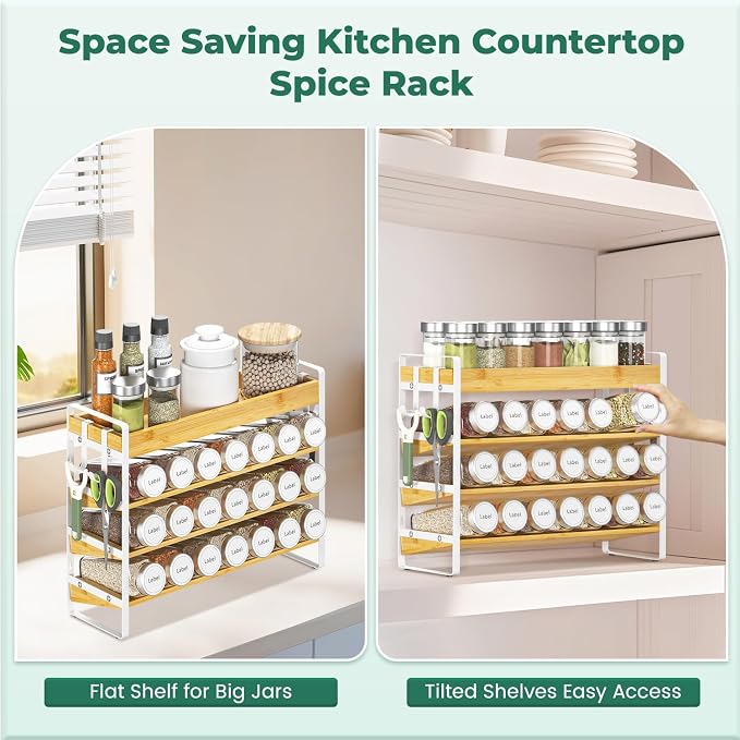 EsLuker.ly Spice Seasoning Rack Organizer Kitchen Countertop, 4 Tier Bamboo | Shelf Holder Storage with 4 Hooks, Wall Mounted Freestanding Stand for Pantry, Quick Spice Access(Jars Not Included), White