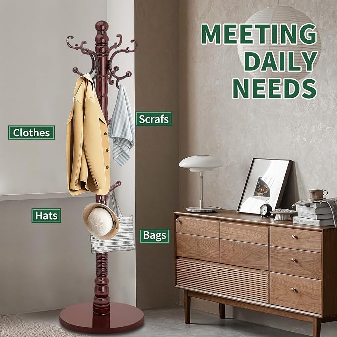OIRUMIE Solid Wood Coat Rack, Vintage Coat Rack Frestanding for Entryway | Wooden Coat Rack Stand with 14 Hooks,Classic Coat Hanger Stand with Round Base,Coat Clothes Tree Stand for Hallway,Office