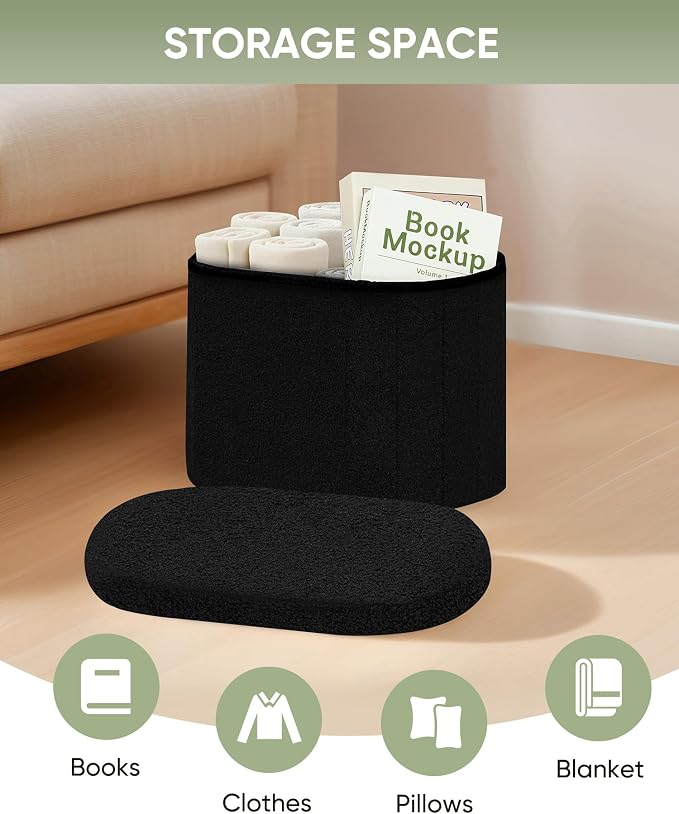 B FSOBEIIALEO Storage Ottoman for Dorm Room, Boucle Folding Storage Ottoman Foot Rest, 16.14 Inches Small Collapsible Ottoman Cube for Living Room Black