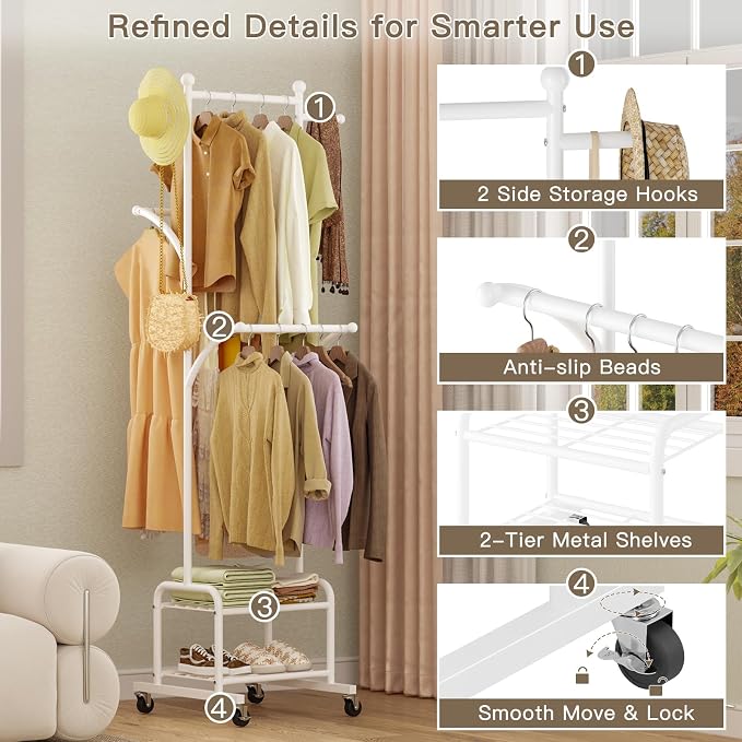 Rolling Clothes Rack with 2 Shelves, Small Metal Clothing Rack with Wheels | Gasvadivum 71" Tall Sturdy Garment Rack with 3 Hanging Rods, Freestanding Portable Coat Rack for Laundry Room, Bedroom, White