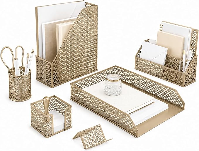 BLU MONACO | Gold Desk Organizer Set with Mail Sorter, Sticky Note Holder, Pen Cup, Magazine Holder, Letter Tray & Business Card Holder | Stylish Desk Accessories for Women & Home Office Décor