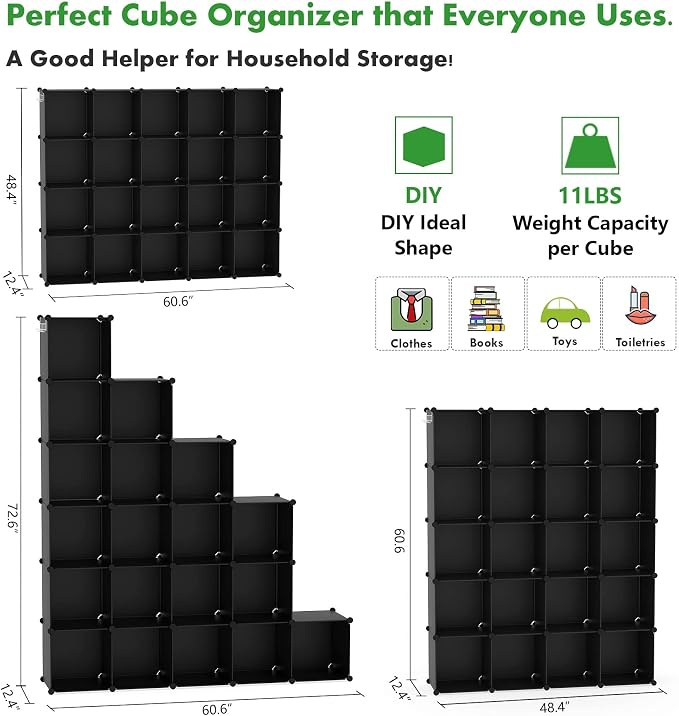 C&AHOME 20-Cube Shelf, Plastic Cube Storage Organizer, DIY Bookshelf Black | Stackable Modular Closet Cabinet Ideal for Bedroom, Living Room, Office, 48.4" L x 12.4" W x 60.6" H