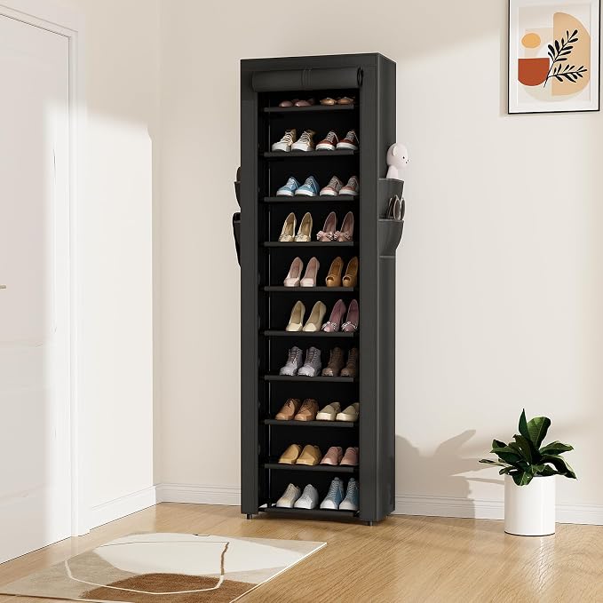 ROJASOP Shoe Rack with Covers 10 Tier Large Shoe Organizer Tall Shoe Closet Storage for 20-22 Pairs Shoe and Boot, Free Standing Shoe Rack Organizer for Closet, Entryway, Bedroom, Black