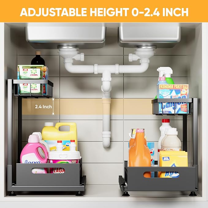 Saydear L-Shaped Under Sink Organizer, 2-Tier Pull-out Cabinet Rack 1-Pack | Black Height-Adjustable Steel Rack, Sliding Grid Drawers with PP Liners, Holds 100 Lbs, Suction Base, Ideal Kitchen Storage