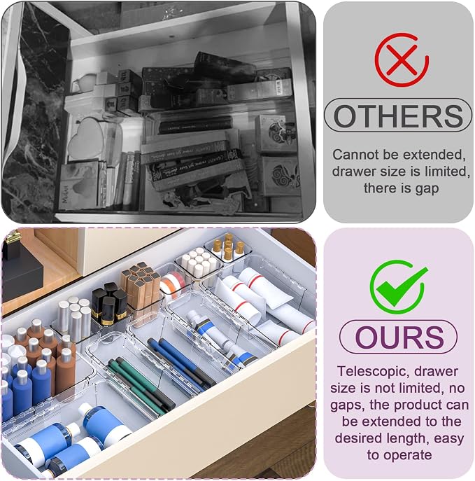 14 Pcs Clear Drawer Organizer, Adjustable Drawer Storage Box, 3-Size Desk Drawer Organizer, Acrylic Storage Bins for Makeup, Cosmetic, Kitchen Utensils, Bedroom Dressers Tool Organizer for Gadgets
