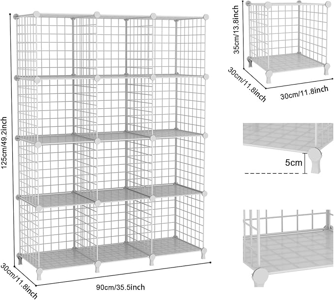 12-Cube Storage Organizer Metal Wire Shelf for Closet Office White | Sturdy 11.8" metal wire grid, modular snap-together, tool-free. Versatile for bedroom, closet, office, craft, entryway.