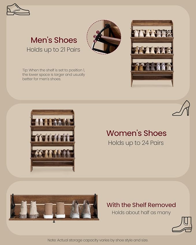 VASAGLE Shoe Storage Cabinet Organizer with 3 Flip Drawers, Freestanding Narrow Shoe Rack Cabinet for Entryway, Farmhouse Style, Fits 14 to 16 Pairs, Rustic Brown UHSC303KB01