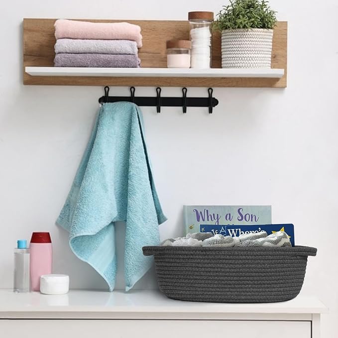 MEGASKET Small Rope Basket, Baskets for Gifts Empty, Cute Woven Basket for Dog Toy, Cat Toy Bin Box, Wicker Organizing Basket for Book, Baby Diaper, Towels, Snack, 13” x 9” x 5”, Dark Gray