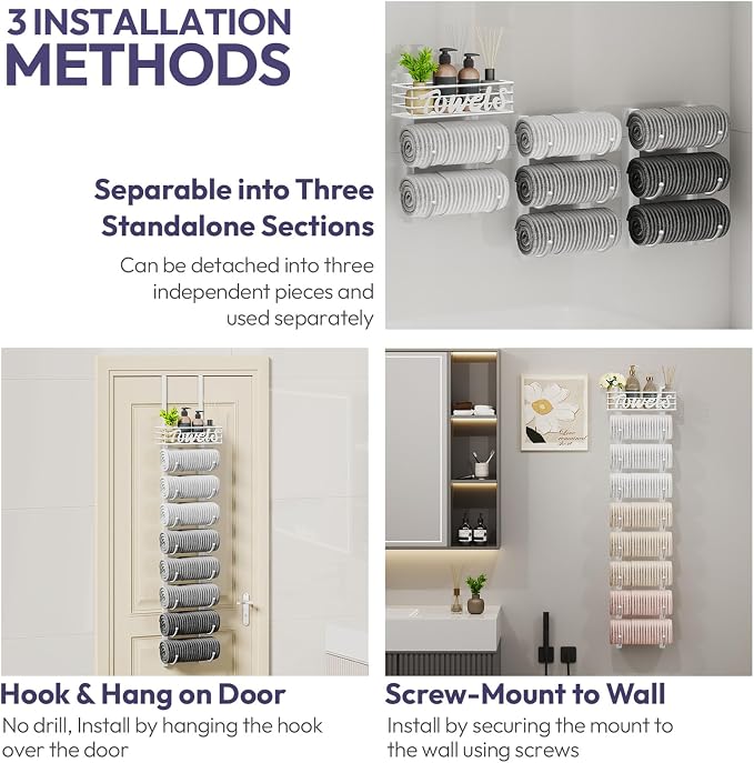 SWTYMIKI Hanging Towel Racks for Bathroom - 9 Tier Over the Door & Wall Mounted Bath Rolled Towel Storage Organizer Holder for Small Bathroom, RV, Camper, White (Patented)