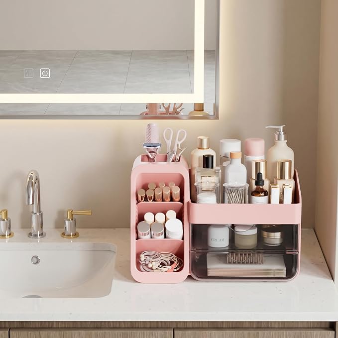 Countertop Makeup Skincare Organizer with Adjustable Brush Holder, Pink | Extra Thick Plastic, Clear Drawers, Large Bathroom Vanity Counter Organizer, Cosmetic Storage for Perfume, Lipstick, Palettes