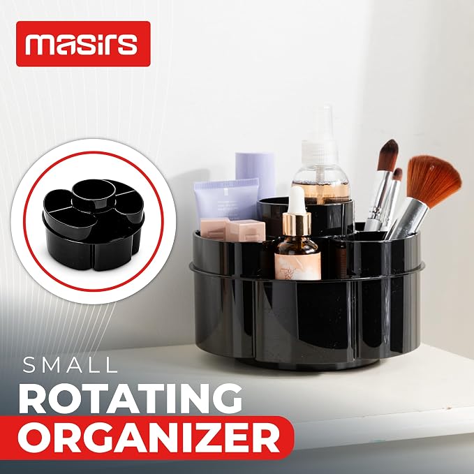 Masirs Small 360 Rotating Makeup Organizer - Mini Yet Spacious Cosmetic Storage Solution with Multiple Compartments - The Perfect Spinning Make-Up Caddy for Vanity or Bathroom Counter (Round - Black)