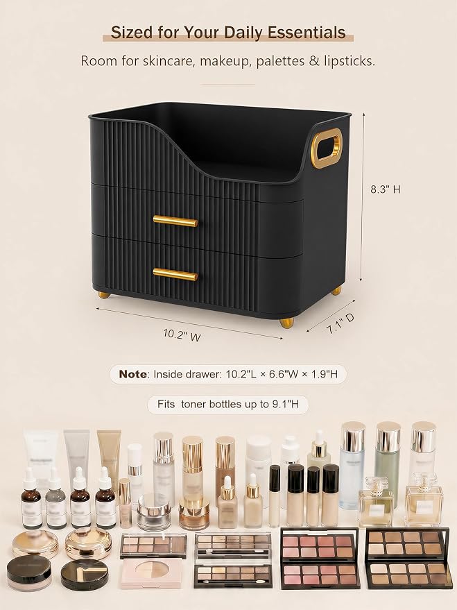 Booklov Large Makeup Organizer for Vanity, Bathroom Countertop, Black | Plastic Cosmetic Display Case with Drawers, Beauty Brush Holder for Dresser Counter Skincare Eyeshadow Lipstick Storage