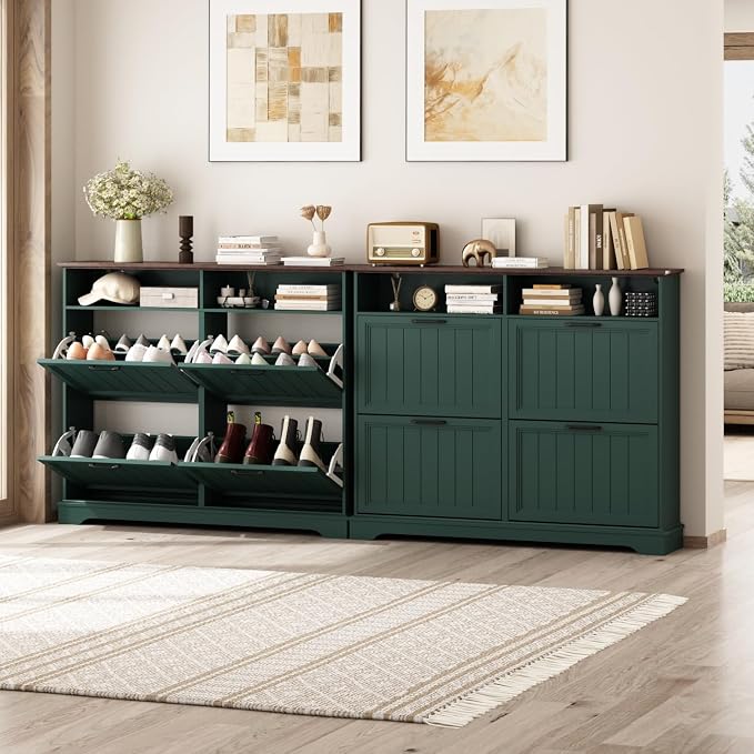 Hidden Shoe Storage Cabinet with 4 Flip Drawers & Open Storage | Farmhouse Modern Shoes Rack Cabinet,Adjustable Shelves ,Narrow Slim Shoe Organizer for Front Door Entrance, Entryway, Green