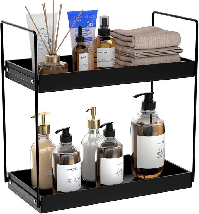 NPPLUS Bathroom Countertop Organizer, 2 Tier Metal Vanity Counter Skincare Shelf, Matte Black, 13.6"L x 6.9"W x 13.8"H | Metal Vanity Counter Skincare Shelf, Under Sink Standing Rack, Home Storage Holder For Lotion Makeup Cosmetics Perfume Spice