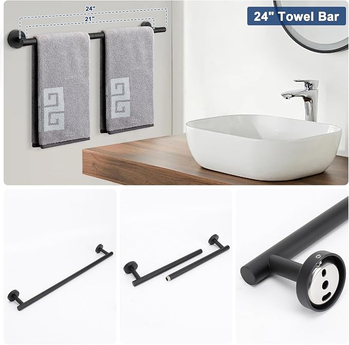 NearMoon 5 Pieces Bathroom Hardware Set SUS304 Thicken Stainless Steel-Towel Rack Kit Include 24" Towel Rod + Bath Towel Ring + Toilet Paper Holder + Robe Towel Hooks Bath Accessories (Matte Black)