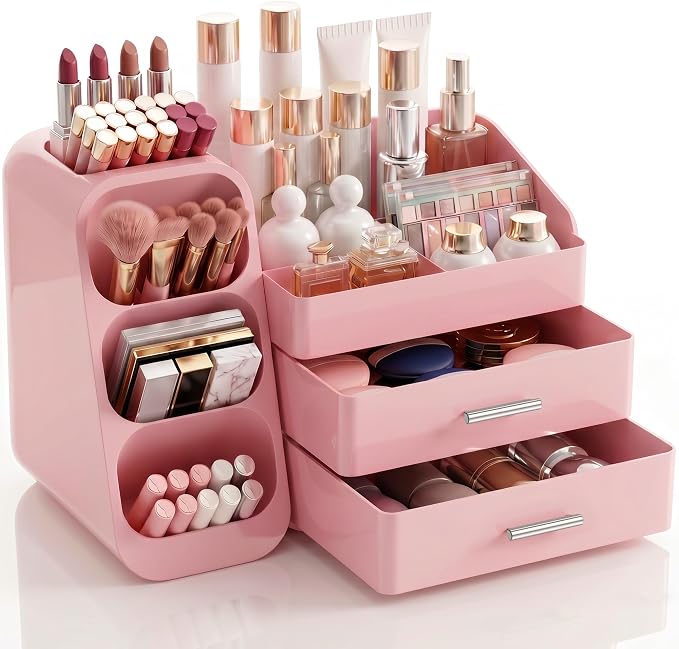 Makeup Organizer with Drawers,Large Capacity Countertop Organizer for Vanity,Bathroom and Bedroom Desk Cosmetics Organizers,Easy To Storage Skincare,Brushes,Lotions (All Pink)