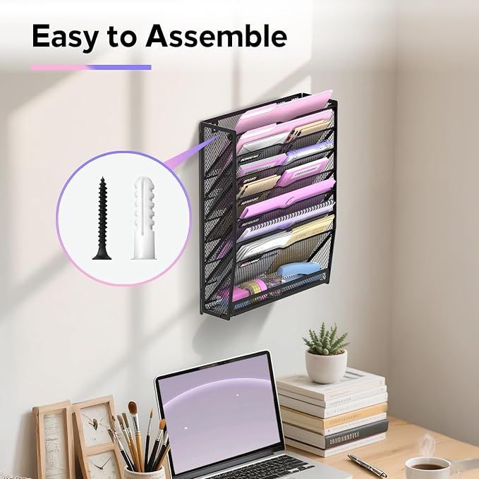 8-Tier Wall File Organizer with Base, Wall Mounted File Holder | Vertical Hanging File Organizer with Open Compartments and Label Holders for Mail, Folders and Paperwork at Home or Work