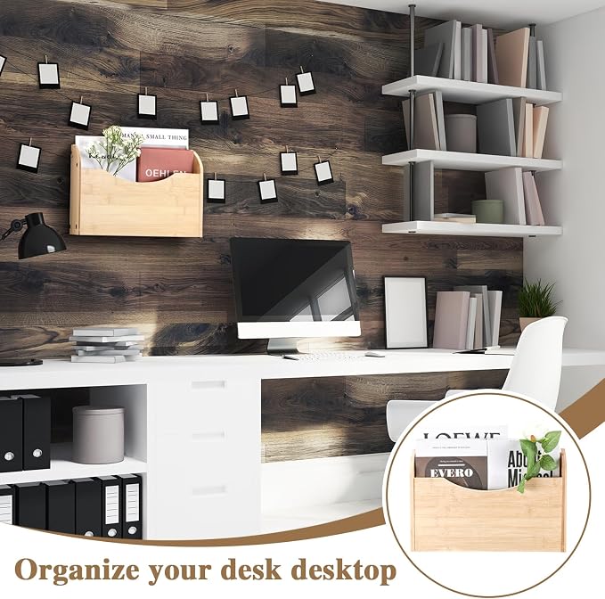 Suzile Wall Mounted File Holder Wood Magazine Holder Wall Hanging File Organizer for Office Mail Magazine Letter Paper Folder Organization (Wood Color)
