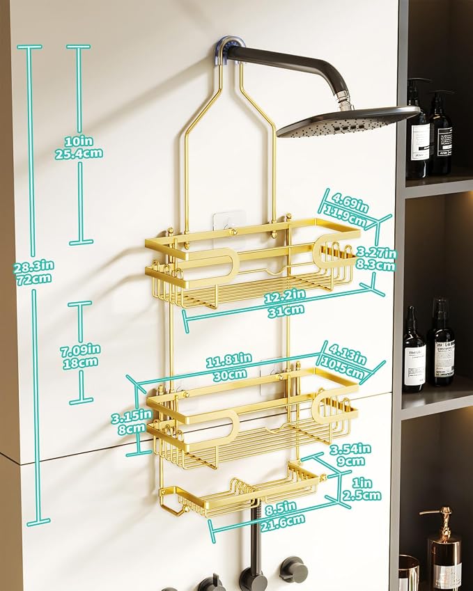 HapiRm Shower Caddy over Shower Head with 2 Soap Holders, Rustproof & Waterproof Hanging Bathroom Organizer with 12 Hooks, No Drilling Hanging Bathroom Caddy - Gold