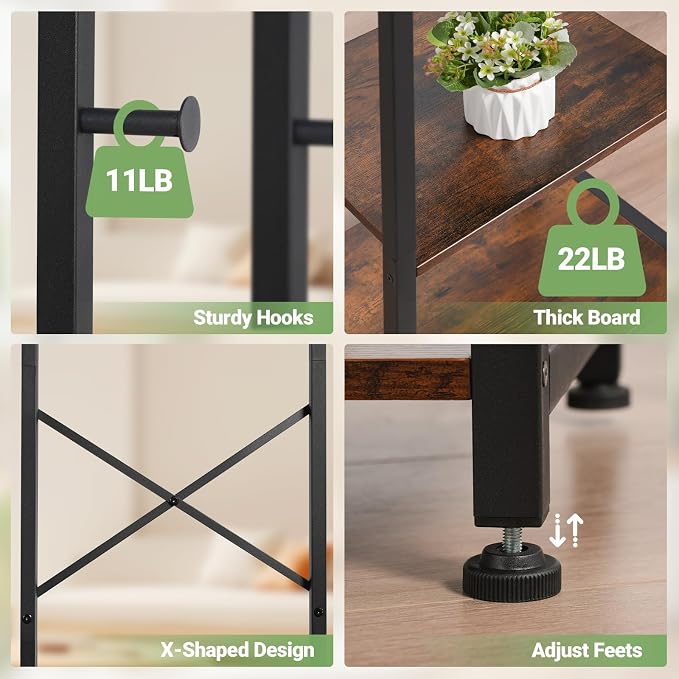 Coat Rack Freestanding, Hall Tree with 3 Shelves and 12 Hooks, Rustic Brown | Industrial Metal Frame, Space-Saving Design, Clothes Rack Stand Organizer for Bedroom, Hallway, Entryway, Office, Living Room