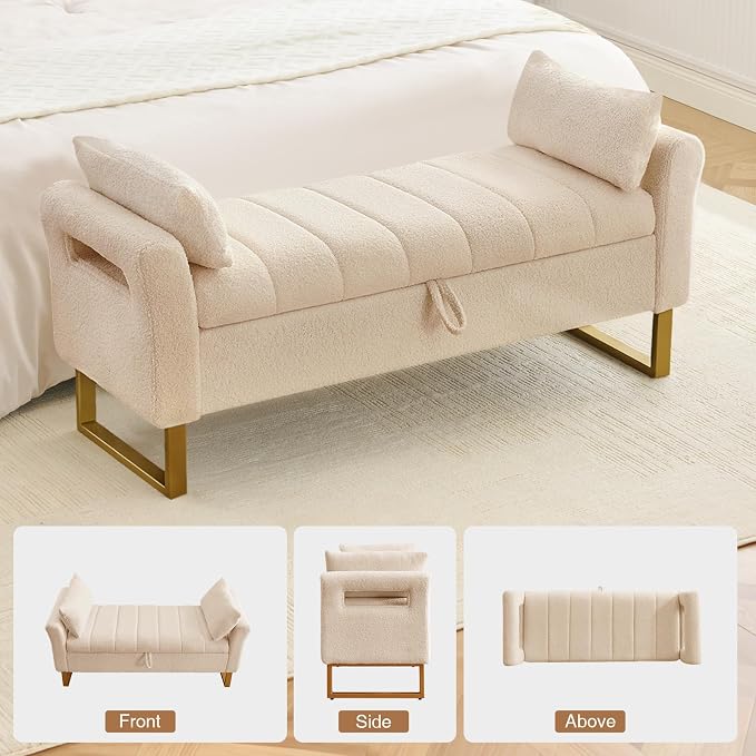 52" Storage Bench for Bedroom Upholstered End of Bed Bench Queen Size Beige | Bedroom Benches for Foot of Bed Queen with Gold Legs,2 Pillows,Teddy Storage Ottoman Bench for Bedroom,Entryway,Cloakroom