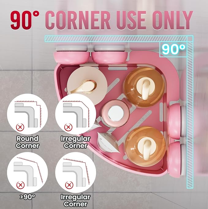 TAILI Suction Corner Shower Caddy, Bathroom Shelf Storage Basket | 2 Pack, Wall Mounted Organizer for Shampoo, Plastic Rack for Kitchen and Bathroom, Drill-Free Removable-PINK