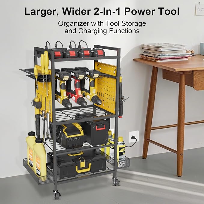 Power Tool Organizer Cart with Charging Station, Heavy Duty Garage Tool Organizer Rolling Tool Battery Storage with 8-Outlet Power Strip, a 6.5-FT Cord,4 Wheels, 2 Hanging Baskets, Hooks ,Yellow