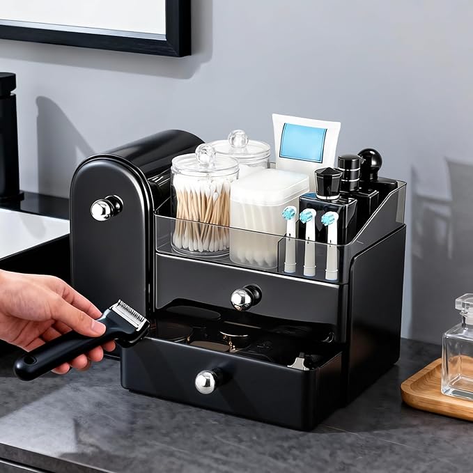 Makeup Organizer,Vanity Organizer with Makeup Brush Holder,Black | Waterproof,Dustproof,Clear Drawer,Large Capacity,Storage Lipstick,Perfumes,Skincare for Dresser,Bathroom Countertop,Desk,Gift