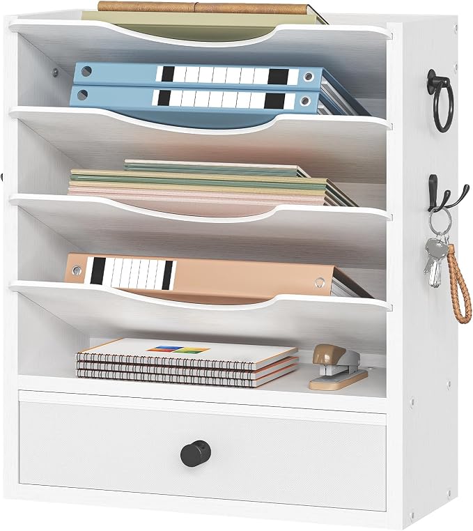 HOOBRO Wall File Organizer, Mail Organizer Wall Mounted, Wooden Literature Organizer, Construction Paper Organizer with Drawer Storage and 2 Hooks, for Office, Classroom, Home, White WT14WF01