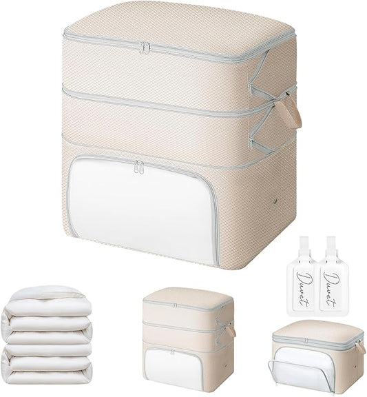 Comforter Storage Bag - 130L Blanket Storage Bags Front-opening Ultra Space Saving Self Compression Organizer, Washable Compression Bags for Storage Comforter Blanket, 1 Pack, Beige