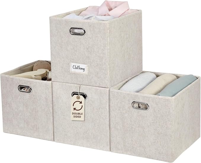 DECOMOMO Felt Storage Bins, 13x15x13 Storage Cube Bins with Labels | 4 Pack Storage Baskets for Shelves, Kallax (Beige)