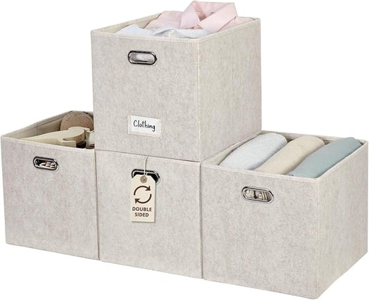 DECOMOMO Felt Storage Bins, 13x15x13 Storage Cube Bins with Labels | 4 Pack Storage Baskets for Shelves, Kallax (Beige)