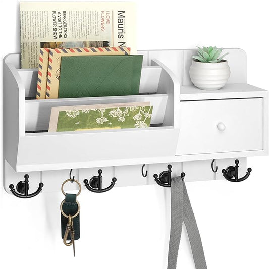 Rebee Vision Key Holder Wall Mount with Mail Organizer for Entryway, White | 3 Mail Sorters, Drawer, 7 Hooks, Sorts Letters, Stores Small Items, Mail and Key Organizer for Wall, Accent for Apartments
