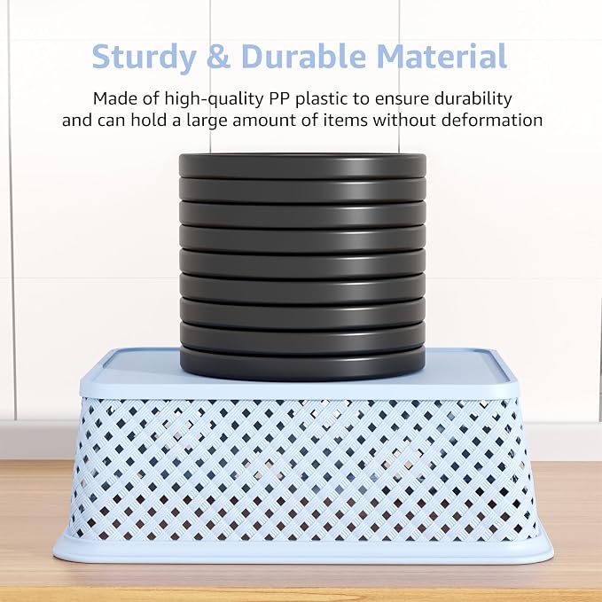 MaxGear 3 Pack Plastic Storage Baskets, Large, Blue | Durable Woven Plastic with Built-In Handles, Suitable for Shelves, Closets, Cabinets, Bathrooms and Offices
