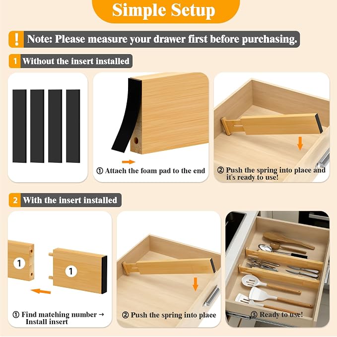 Bamboo Drawer Dividers, 12-21 Inch Kitchen Adjustable Drawer Organizers | Expandable Dresser Separators for Clothes, Ideal for Kitchen, Bathroom, Vanity, Office Organization and Storage, 8-Pack