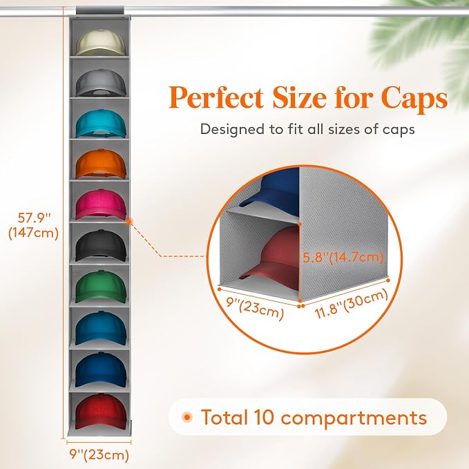 Lifewit 10 Section Hanging Hat Organizer for Baseball Caps, Gray, 1 Pack | Hat Rack Hanging Storage, Non-Woven Fabric Display Shelf Holds Up to 40 Hats, Cap Holder Hanger for Closet, Bedroom