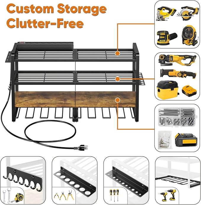 POKIPO Large Power Tool Organizer Wall Mount with 8-Outlet Charging Station, 600lbs Capacity Garage Storage Rack for 8 Cordless Drills Holder, Heavy Duty Metal 4-Layer Battery Utility Rack