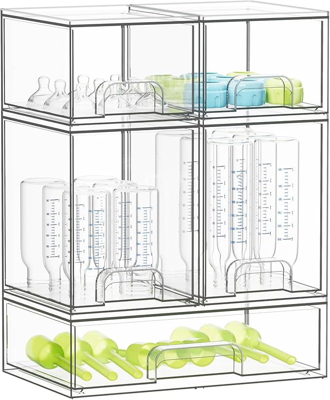 SpaceAid Bottle Storage Organizer Baby - Acrylic Bottles Station Organizer Container, Stackable Clear Drawers for Countertop, Vanity, Bathroom, Cabinet, Pantry Organization, 5 Pack, 2S2M1L, 15.4"H