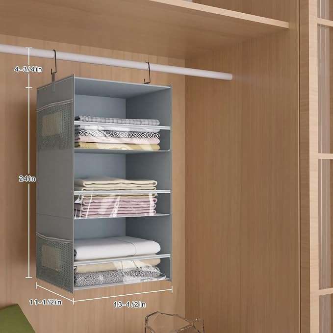 3 Shelf Hanging Closet Organizer Front Lip Design, Wider and Foldable Hanging Closet Wardrobe Storage Shelves with 4 Side Pockes, Clothes Handbag Shoes Accessories Storage, Gray