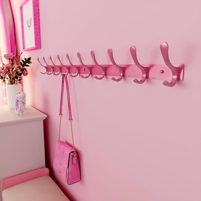 SKOLOO Coat Rack Wall Mounted - 10 Hooks, Heavy Duty, Stainless Steel, Metal Wall Hanger, Sturdy Coat Hooks for Hanging Coats, Jackets, Clothes, Hats - Pink