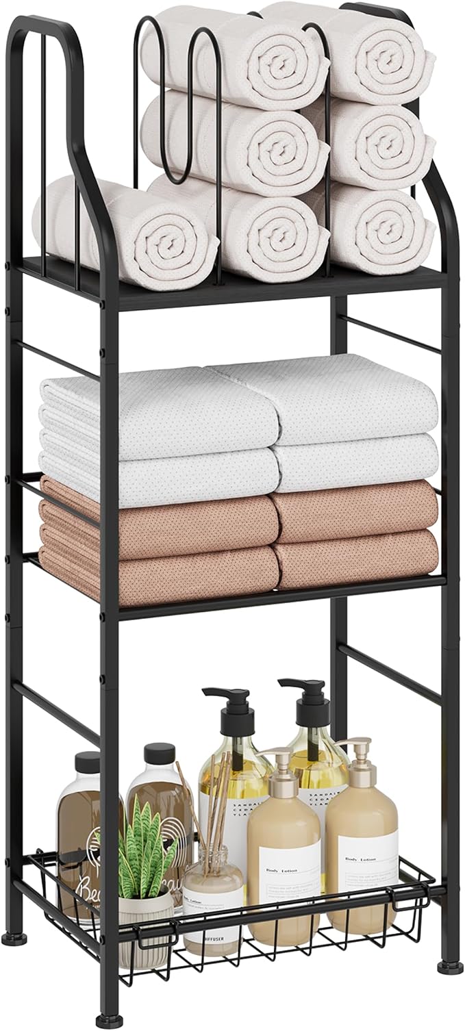 SWTYMIKI Free Standing Towel Rack - 3 Tier M-Shaped Detachable Dividers Towel Shelf for Bathroom, Durable Metal Pool Towel Holder, Modern Space-Saving Bath Towel Storage Organizer