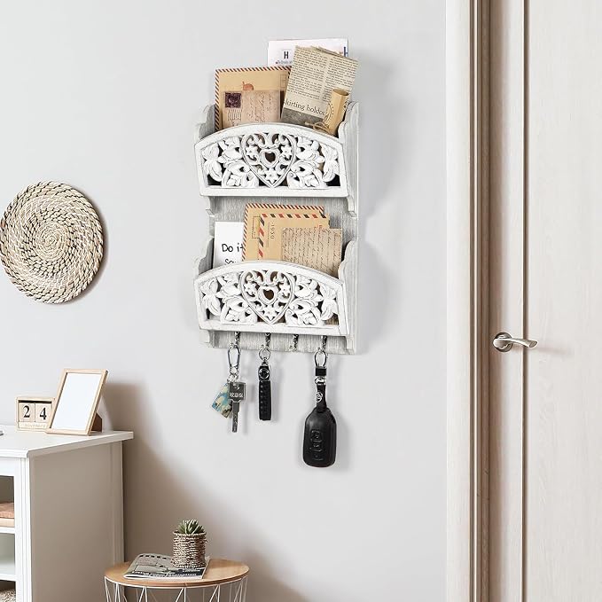 Key and Mail Holder for Wall, 2-Slot Mail Organizer Wall Mount 4 Key Hooks | Retro Hollowed-out Pattern Wooden Farmhouse Key Hangers Wall File Organizer Letter Sorter, Key Rack for Entryway Home Decor