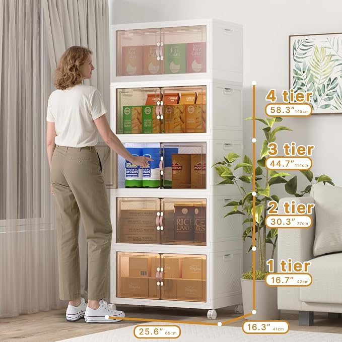 Stackable Storage Bins with Lids, 480QT Closet Organizers and Storage Cabinet with Doors & Wheels, Lockable Plastic Foldable Drawers for Bedroom Dorm Office Garage（120QT*4,White）