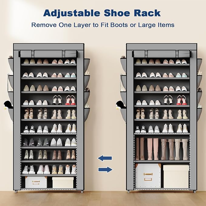 Mavivegue Shoe Rack with Cover, 10+1 Tier Tall Shoe Storage for 50-55 Pairs of Shoes, Shoe Organizer for Entryway, Closet, Garage, Grey