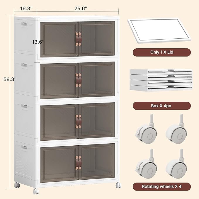 936QT Extra Large Stackable Storage Bins with Lids & Wheels | & Door,Total 234Gal for 4-Tier set Foldable Collapsible Closet Organizers, Plastic containers drawers for bedroom Dorm