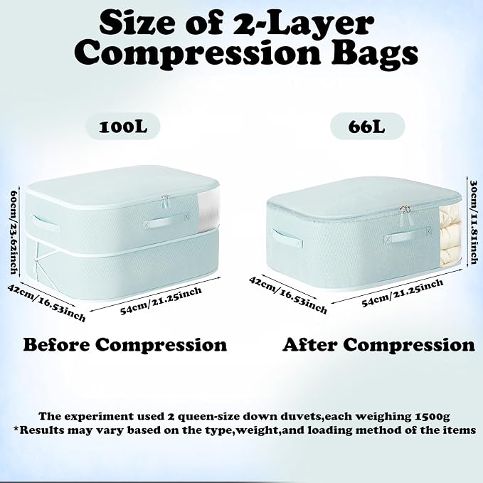 Compression Storage Bags for Bedding, 2 Pack Large Vacuum Sealer Bags with Transparent Window, Ultra Space Saving Self Compression Organizer for Comforters, Blankets & Seasonal Clothes (Blue, Large)