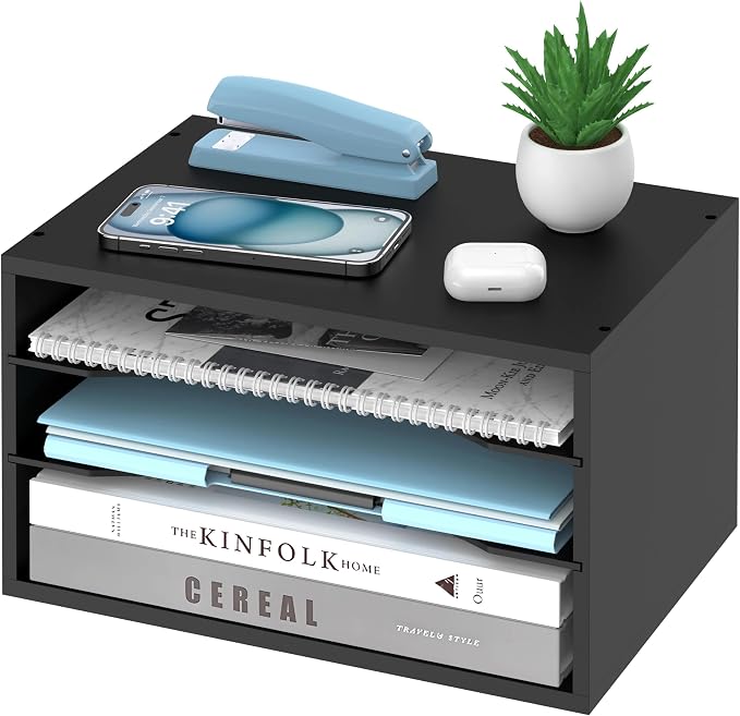 3-Tier Paper Organizer for Desk, Adjustable Mail Organizer, Black | 3-Tier Paper Organizer and Mail Organizer for Desk with Adjustable Shelves for Letter Size Files Folders and Office Supplies
