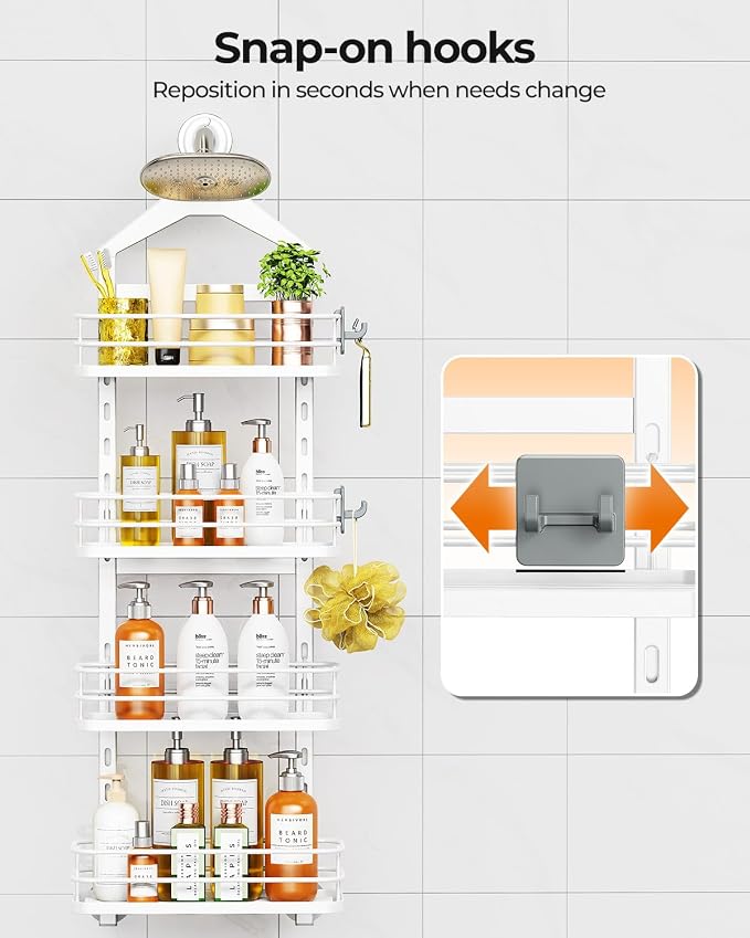 ODesign 4 Tier Adjustable Shower Rack Hanging Over Head Anti-Swing White | Shower organizer hanging,no drilling required,comes with removable hook and storage box, suitable for indoor showers