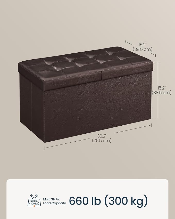 SONGMICS Home Foldable Foot Rest Stool, Storage Ottoman, Tufted Design, PU Leather, Easy Assembly and Cleaning, for Entryway, Living Room, Bedroom, 30.2 Inches, Dark Brown